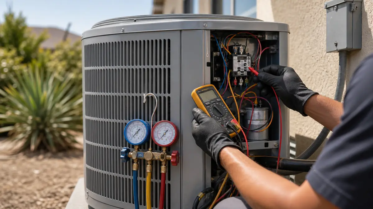 Technician diagnosing a Mitsubishi AC not cooling in Pasadena